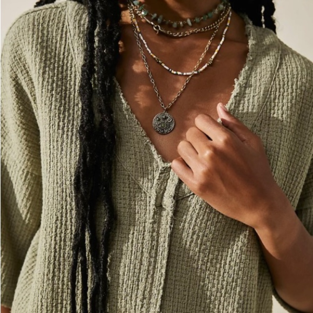Free People Olive Green Textured Short Sleeve Tee